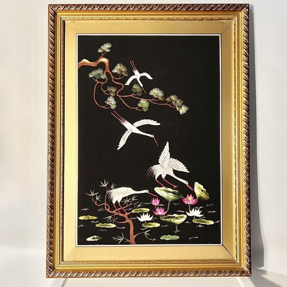 Vintage Silk Embroidered Crane Birds Lotus Framed Art 23x31 No Glass Read